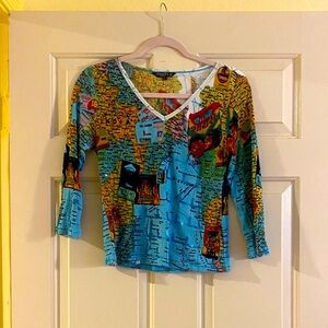 NWOT Chaudry KC Colorful Map Print Women's Blouse, Size S
